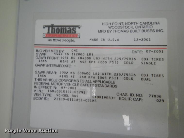 image for item DD0751 2002 GMC Savana G3500 Cargo Thomas school bus