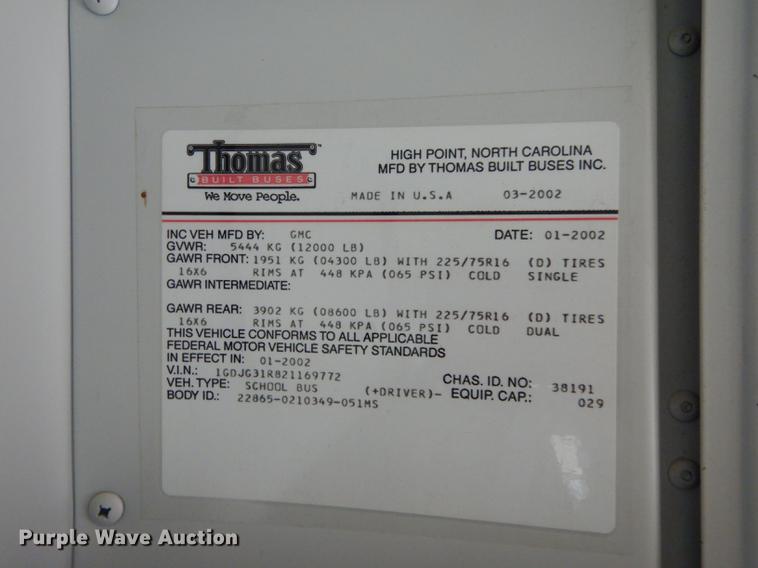 image for item DD0827 2002 GMC Savana G3500 Cargo Thomas school bus