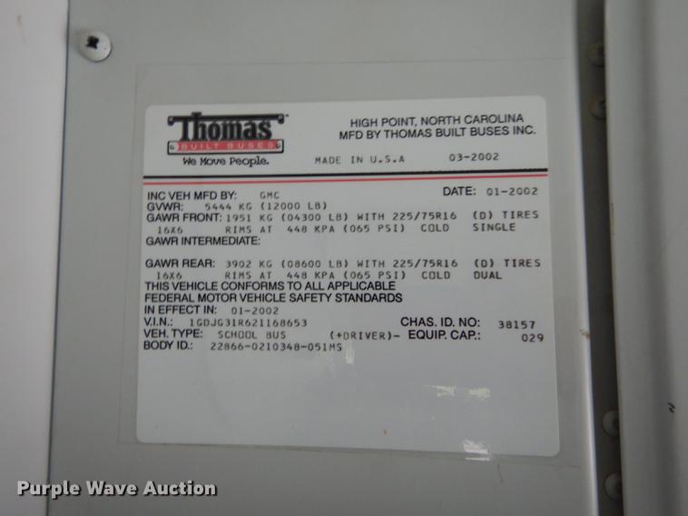 image for item DD0829 2002 GMC Savana G3500 Cargo Thomas school bus