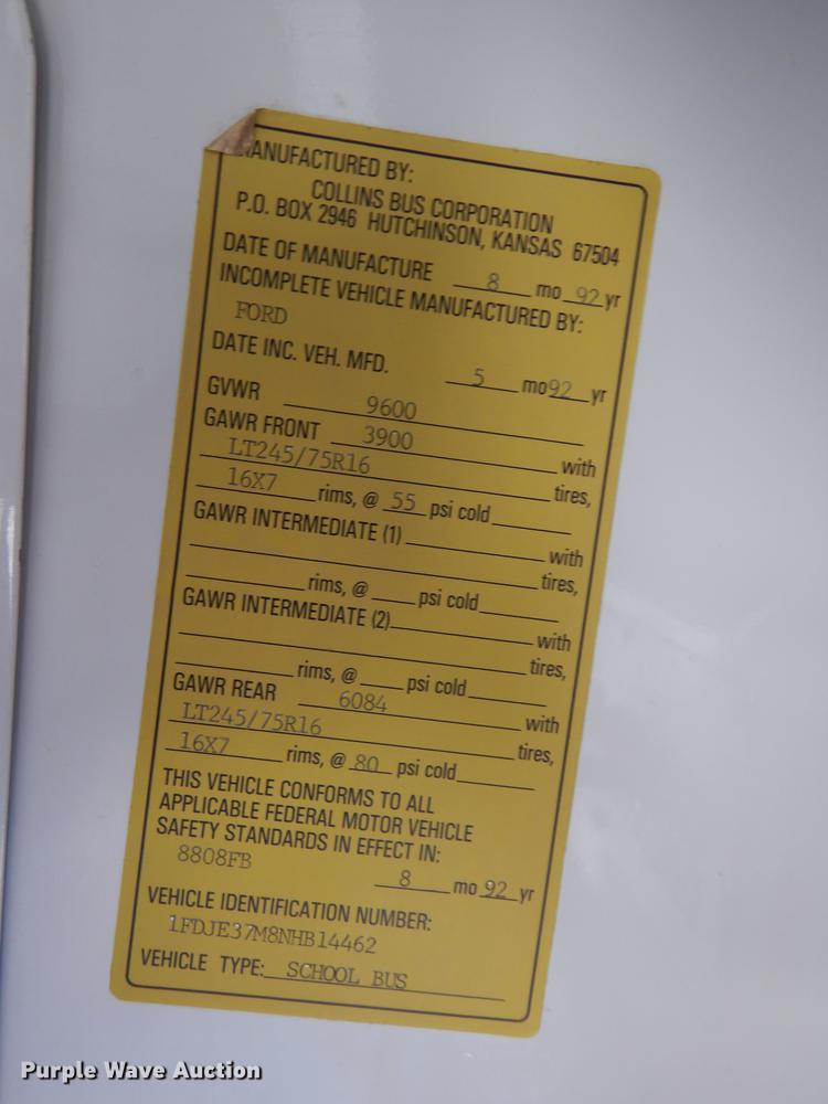 image for item K5838 1992 Ford Econoline E350 Collins school bus