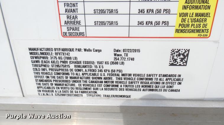 image for item EB9338 2016 Wells Cargo enclosed cargo trailer