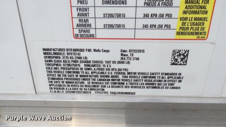 image for item EB9338 2016 Wells Cargo enclosed cargo trailer