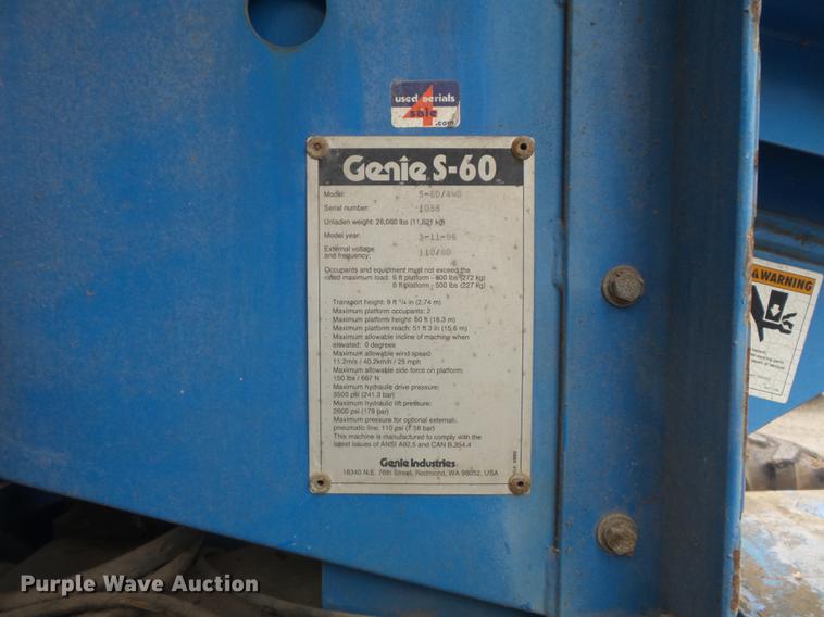 image for item DB6383 1996 Genie S-60 boom lift