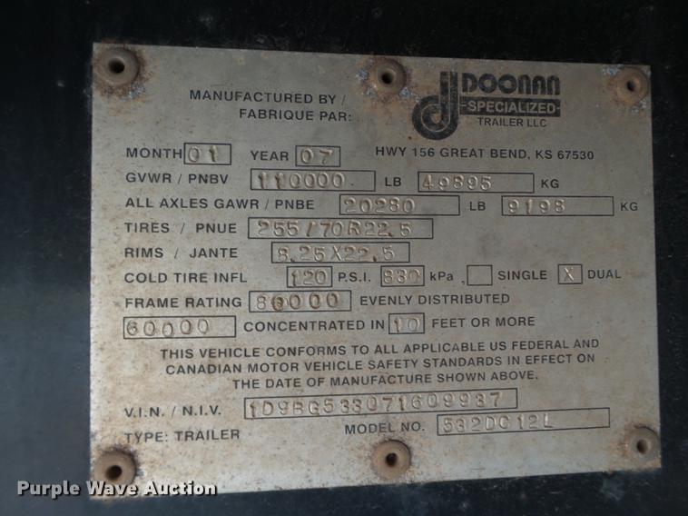 image for item BJ9947 2007 Doonan 532DC12L drop deck oilfield trailer
