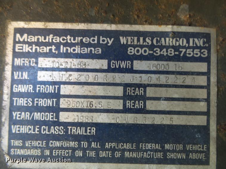 image for item DB7367 1988 Wells Cargo CVG3225 enclosed cargo trailer