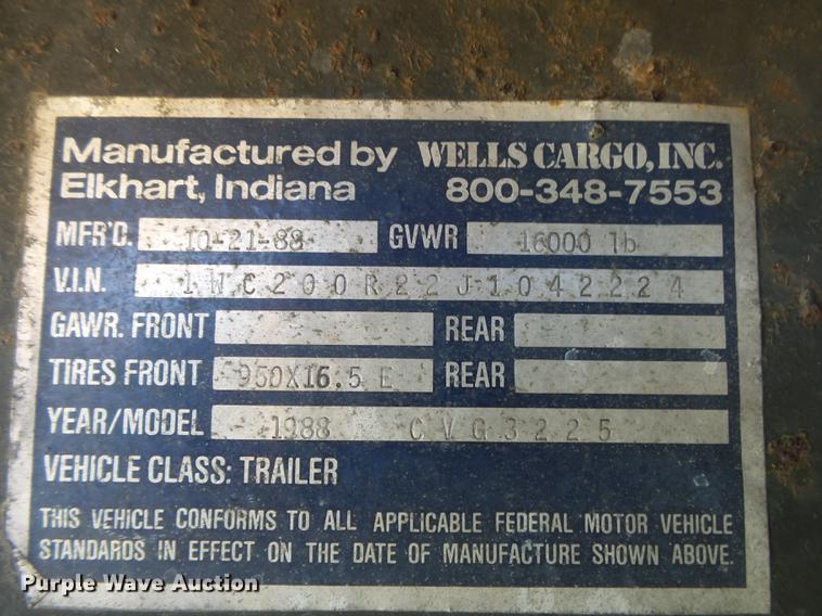 image for item DB7367 1988 Wells Cargo CVG3225 enclosed cargo trailer