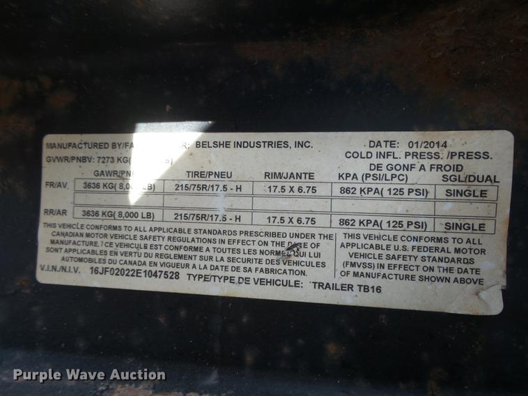 image for item DC3789 2014 Belshe TB16 tilt deck equipment trailer