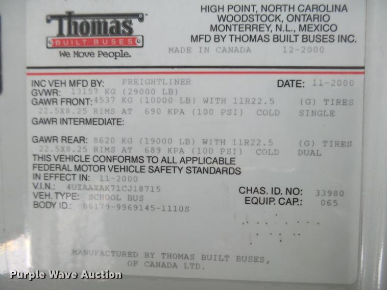 image for item DC3763 2001 Freightliner FS65 Thomas Built school bus