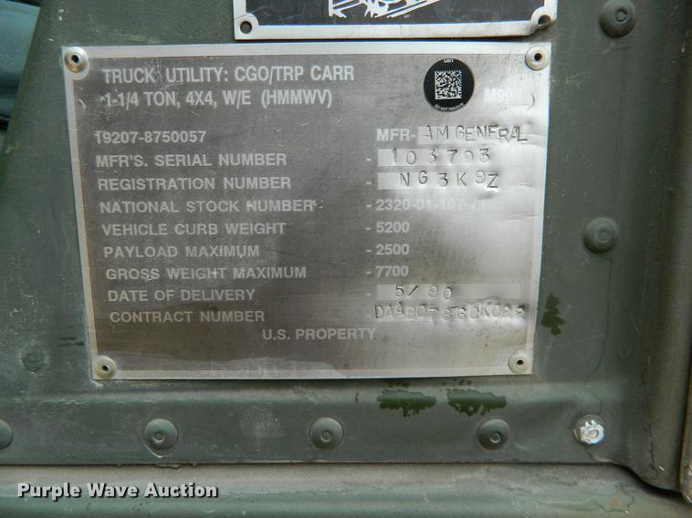 image for item DB1165 1990 Am General M998 Humvee pickup truck