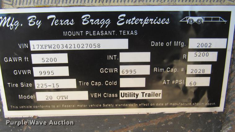 image for item DC2198 2002 Texas Bragg 20 OTW equipment trailer