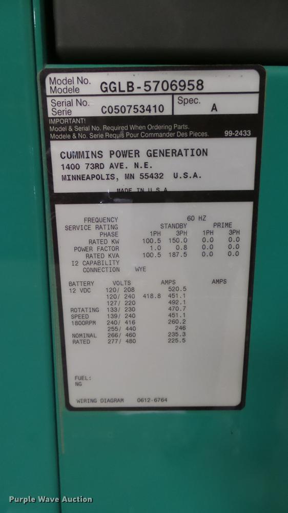 image for item DX9917 Cummins/Onan 150 GGLB generator