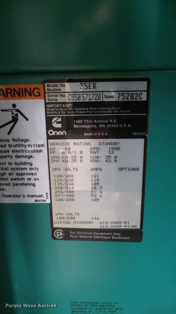 image for item DX9918 Cummins/Onan 35EK generator with transfer switch