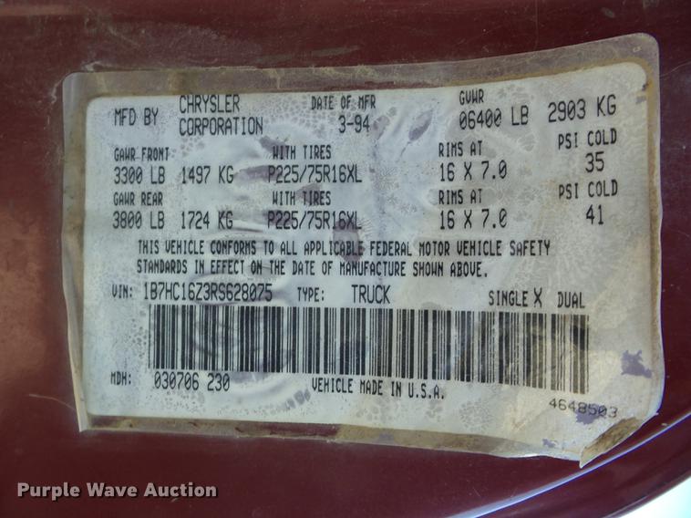 image for item K6317 1994 Dodge Ram 1500 pickup truck