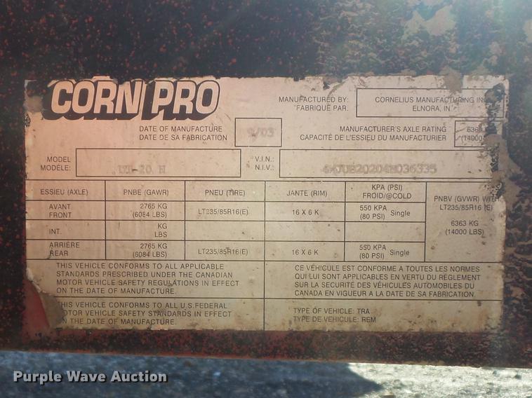 image for item DB6301 2004 Corn Pro UT-20H equipment trailer