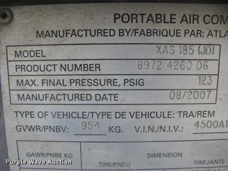 image for item DC2452 2007 Atlas Copco XAS185JD7 air compressor