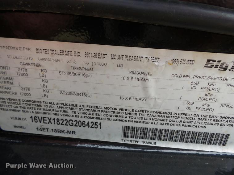 image for item DC6757 2016 Big Tex 14ET-18BK-MR equipment trailer