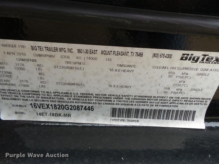 image for item DC6758 2015 Big Tex 14ET-18BK-MR equipment trailer