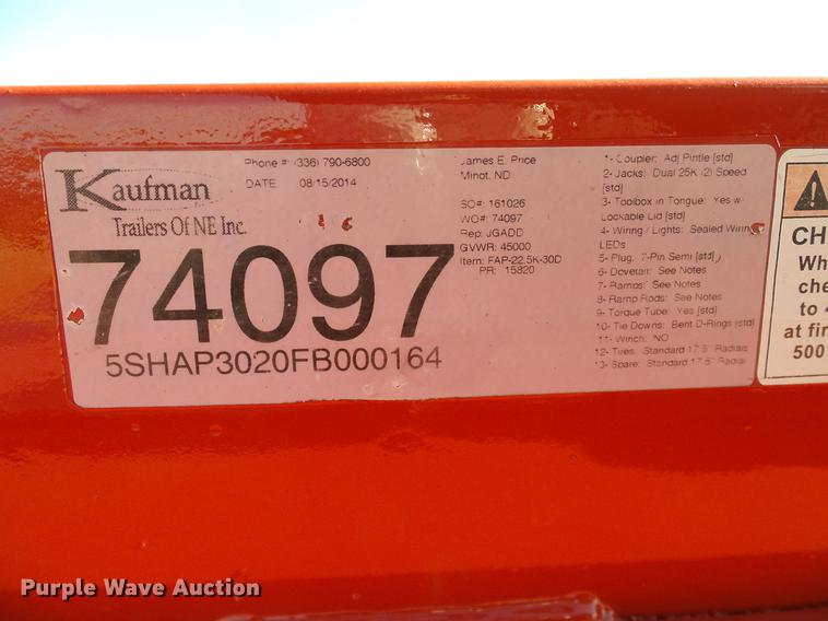 image for item DD1439 2015 Kaufman 74097 equipment trailer