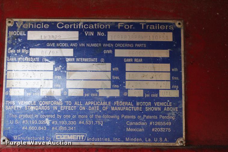 image for item BE9398 1998 Clemson LW3829 end dump trailer