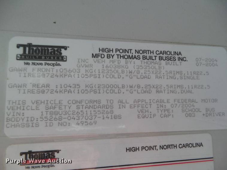 image for item DA7015 2005 Thomas Built Saf-T-Liner MVP EF 14185 school bus