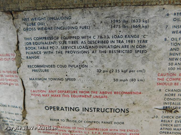 image for item DE9249 1984 Ingersoll Rand P-100A-WD air compressor