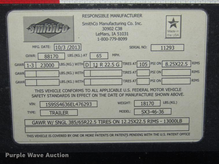 image for item DD2948 2014 Smith Co SX3-46-36 side dump trailer