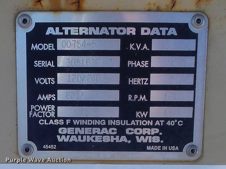 image for item DC7455 1998 Generac 00754-5 generator