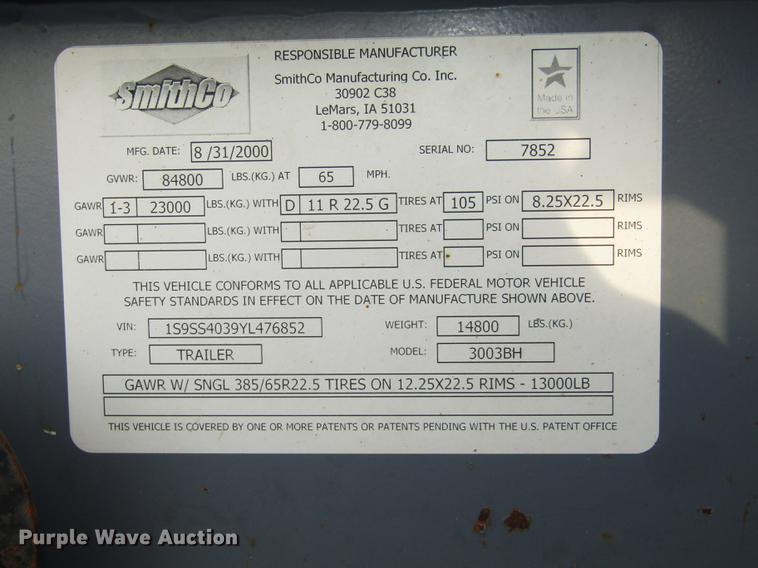 image for item DD2941 2000 Smithco 3003BH side dump trailer