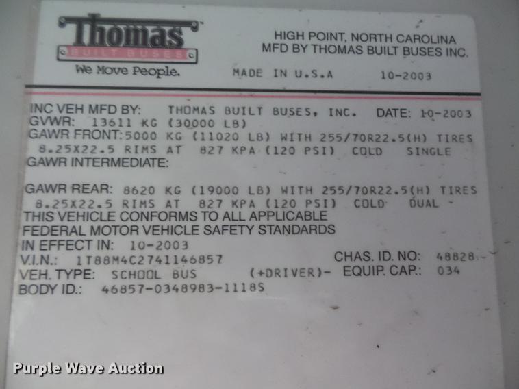 image for item DC4729 2004 Thomas Built Saf-T-Liner MVP EF 1118S school bus