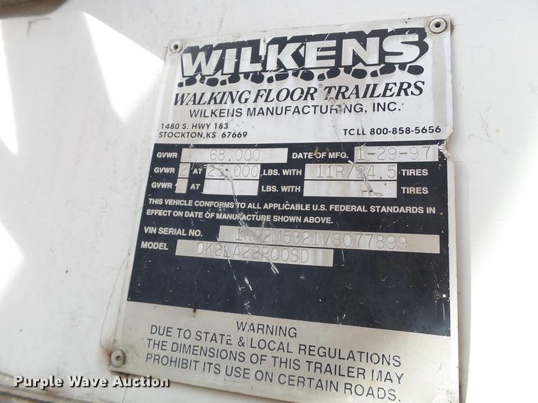 image for item BJ9790 1997 Wilkins 0K2LA22PC0SD walking floor trailer