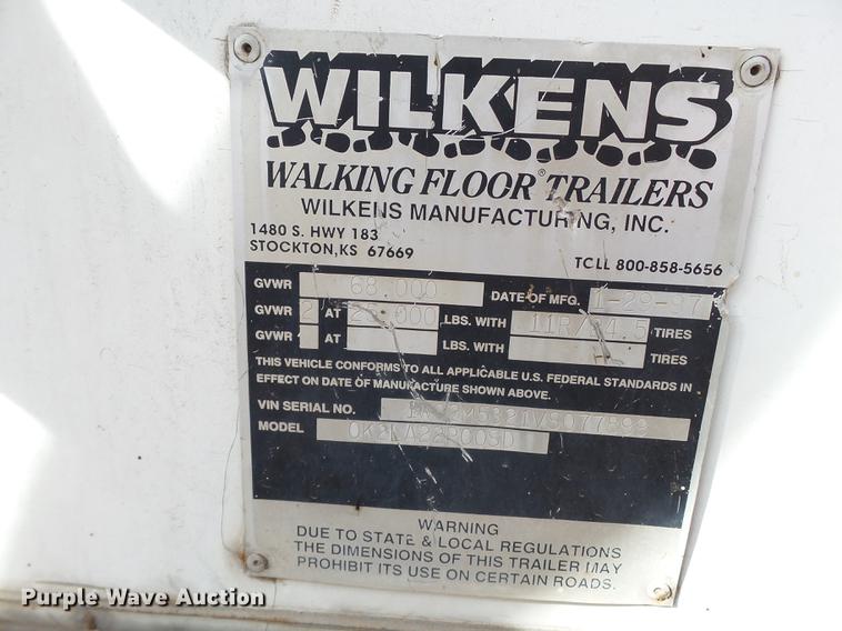 image for item BJ9790 1997 Wilkins 0K2LA22PC0SD walking floor trailer