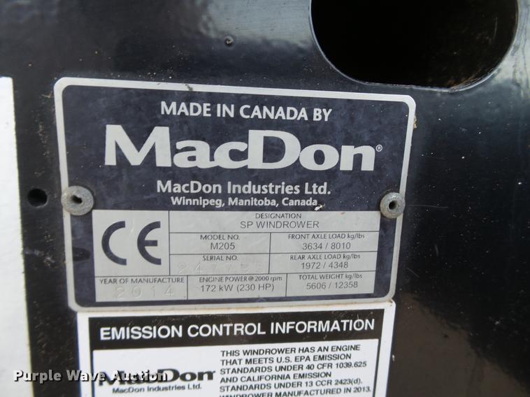 image for item BJ9798 2014 MacDon M205 self-propelled windrower