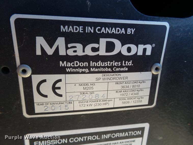 image for item BJ9799 2015 MacDon M205 self-propelled windrower