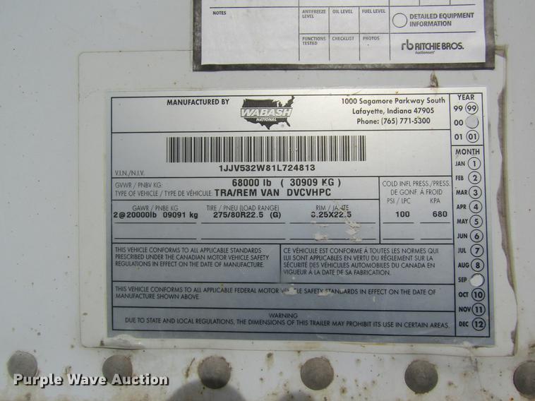 image for item DB9772 2001 Wabash dry van trailer