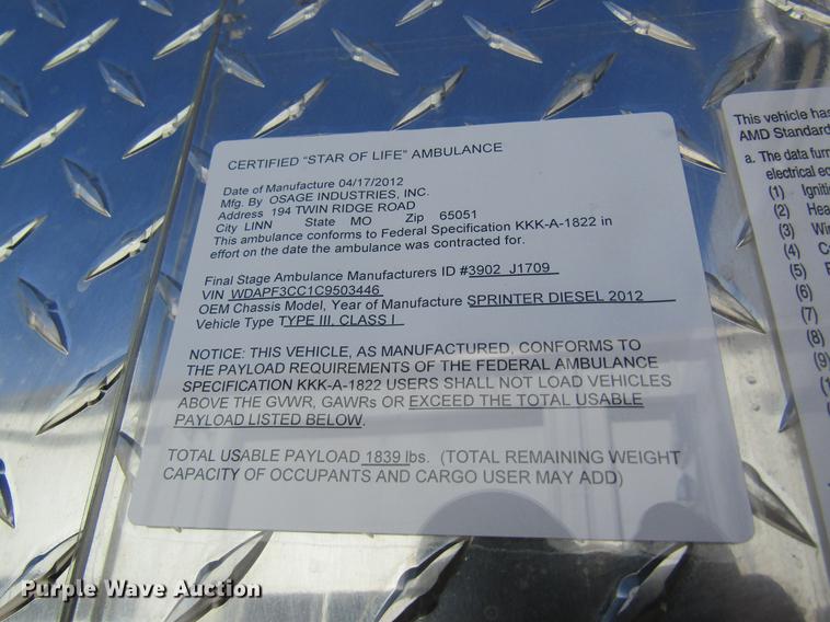 image for item DB9777 2012 Mercedes Benz Sprinter 3500 ambulance