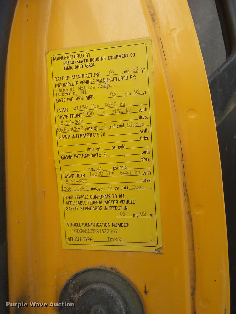 image for item K6285 1992 GMC TopKick sewer rodder truck