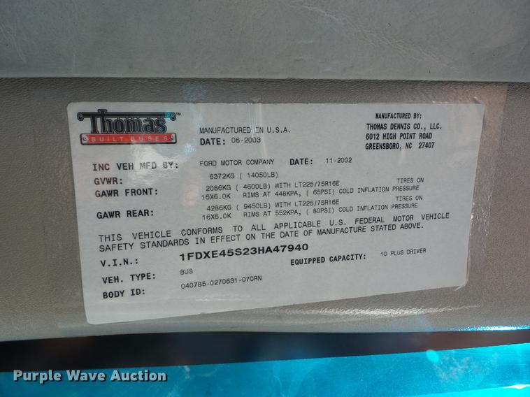 image for item AY9610 2003 Ford Econoline E450 Thomas shuttle bus