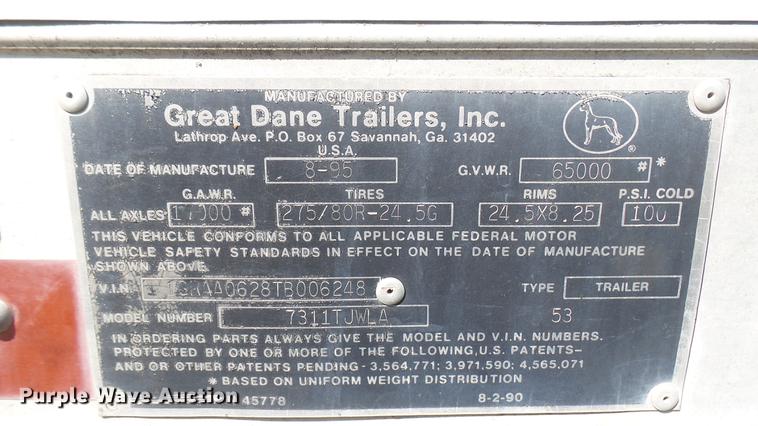 image for item DC1791 1996 Great Dane 7311TJWLA dry van trailer