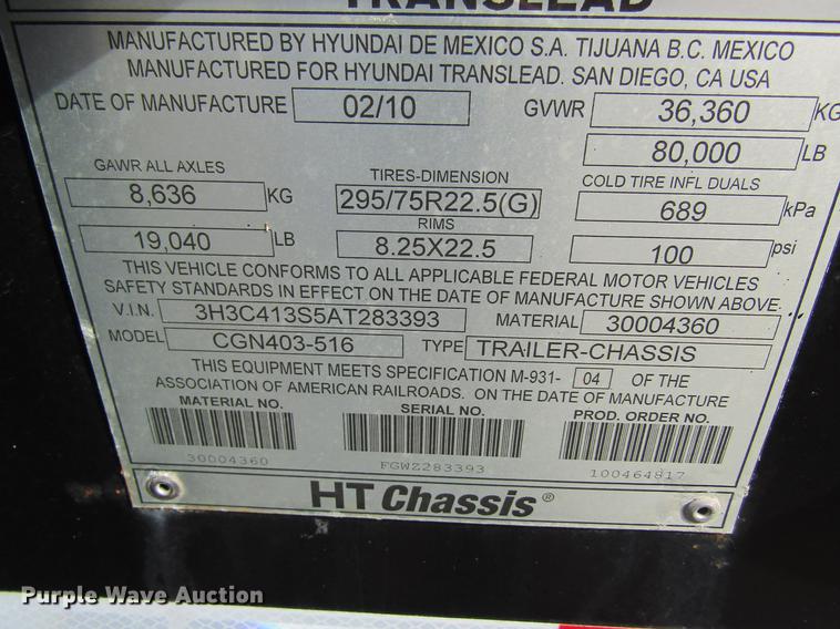 image for item DB5928 2010 Hyundai CGN403-516 trailer chassis