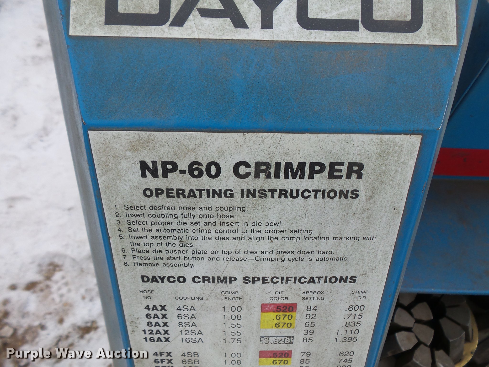 Dayco NP60 hydraulic hose end crimper in Toronto, SD Item EA9745