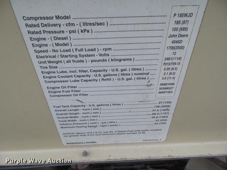 image for item DZ9254 2001 Ingersoll Rand PL185WJD air compressor