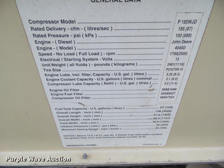 image for item DZ9254 2001 Ingersoll Rand PL185WJD air compressor