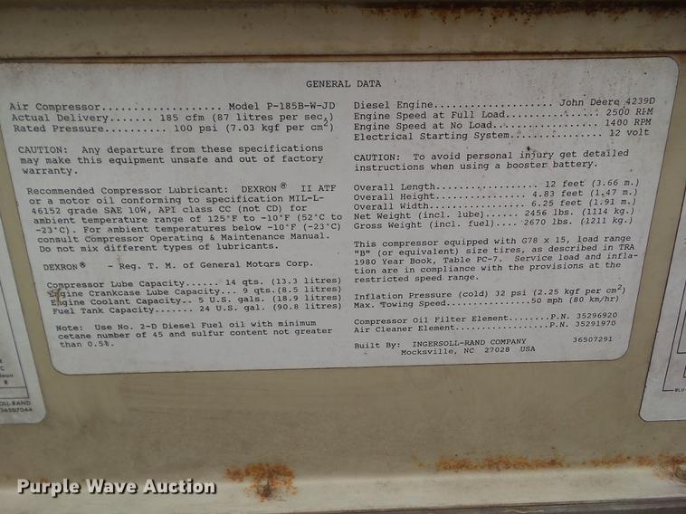 image for item DZ9255 Ingersoll Rand 185 air compressor