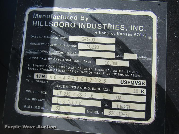 image for item DB5971 1999 Hillsboro 324-TD-BT equipment trailer