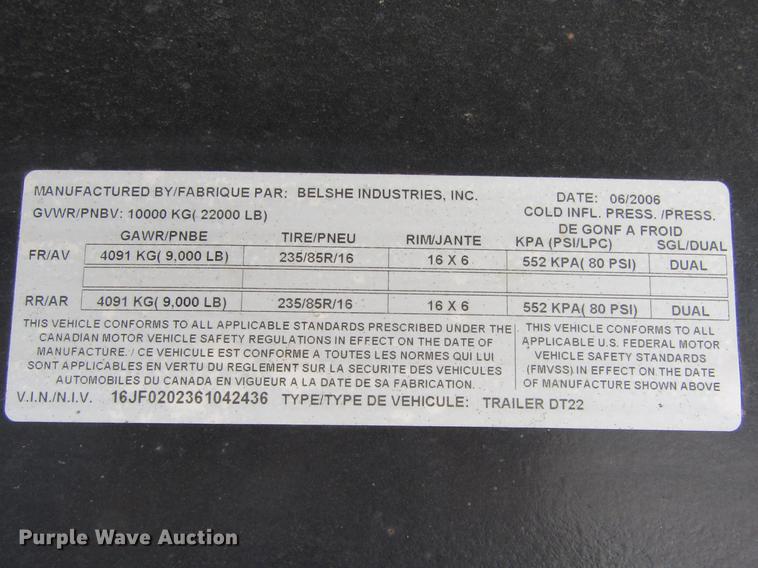 image for item DE6654 2006 Belshe equipment trailer