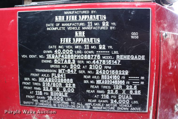 image for item DC7668 1993 KME Renegade Custom SFD fire truck