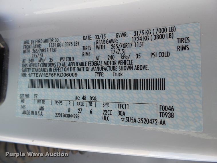 image for item EN9533 2015 Ford F150 XLT SuperCrew Cab pickup truck