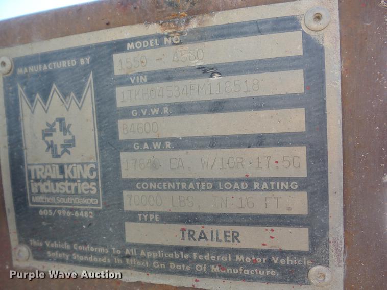 image for item EI9775 1986 Trail King TK1550 low boy equipment trailer