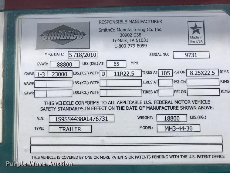 image for item DD2813 2010 Smithco MH3-44-36 T35 side dump trailer