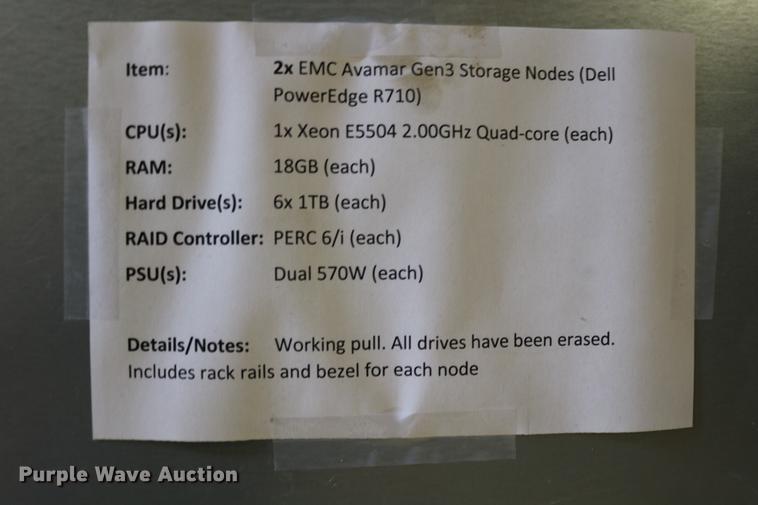 image for item EW9061 (2) Dell PowerEdge R710 EMC Avamar Gen3 storage node servers